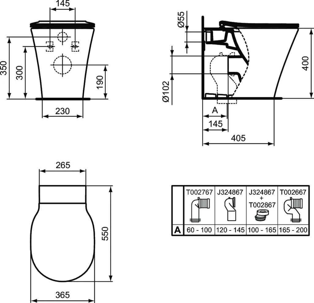Габаритная схема Унитаз приставной Ideal Standard Connect Air AquaBlade E004201