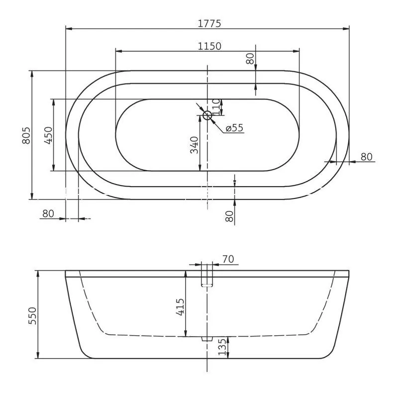 Габаритная схема Акриловая ванна BelBagno BB12-1775 180х80