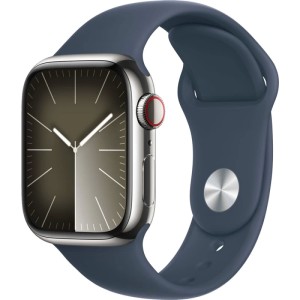 Apple Watch Series 9 GPS + Cellular 41mm Silver Stainless Steel Case with Storm Blue Sport Band