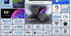 Ноутбук ACER Swift X 14 SFX14-72G-76LG / 14,5" WQXGA+ 2880x1800 Glare OLED 120Hz 400 nit/ Intel Core Ultra 7 155H/ 16 Gb DDR5/ 1 Tb SSD/ GeForce RTX 4060 8Gb/ Windows 11 Home серый