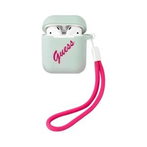 Чехол Guess Silicone case Script logo with cord для Airpods, синий/фуксия 