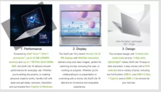 Ноутбук Swift Lite 16" WUXGA 1920x1200/1000:1/Intel®Core™5 115U 16/512GB LPDDR5 NX.D3UCD.002 ACER