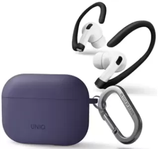 Чехол с карабином Uniq NEXO Liquid silicone + Sports ear hooks для AirPods Pro 2, фиолетовый (AIRPODSPRO2-NEXOPUR)