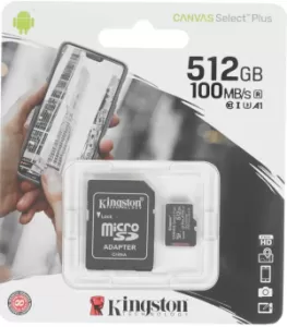 Карта памяти microSDXC UHS-I U3 Kingston Canvas Select Plus 512 ГБ + адаптер, (SDCS2/512GB) Карта памяти microSDXC UHS-I U3 Kingston Canvas Select Plus 512 ГБ + адаптер, (SDCS2/512GB)