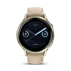 Смарт-часы Garmin Venu 4 41mm, корпус «лунно-золотого» цвета, c белым силиконовым и кожанным «песочным» ремешком